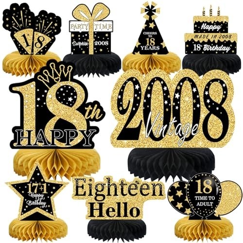 Chic 9-Pcs Honeycomb Centerpieces in Black Gold for Boys and Girls 18th Birthday