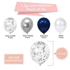 50 Navy Blue and Silver Confetti Balloons White Pearl and Silver Metallic Chrome