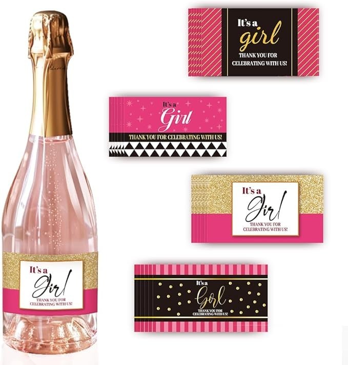 40pcs Pink Mini Wine Bottle Labels Waterproof Self-Adhesive Gender Reveal Party