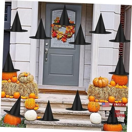 12 Pcs Halloween Decorations Witch Hat – Thickened Black – Bulk