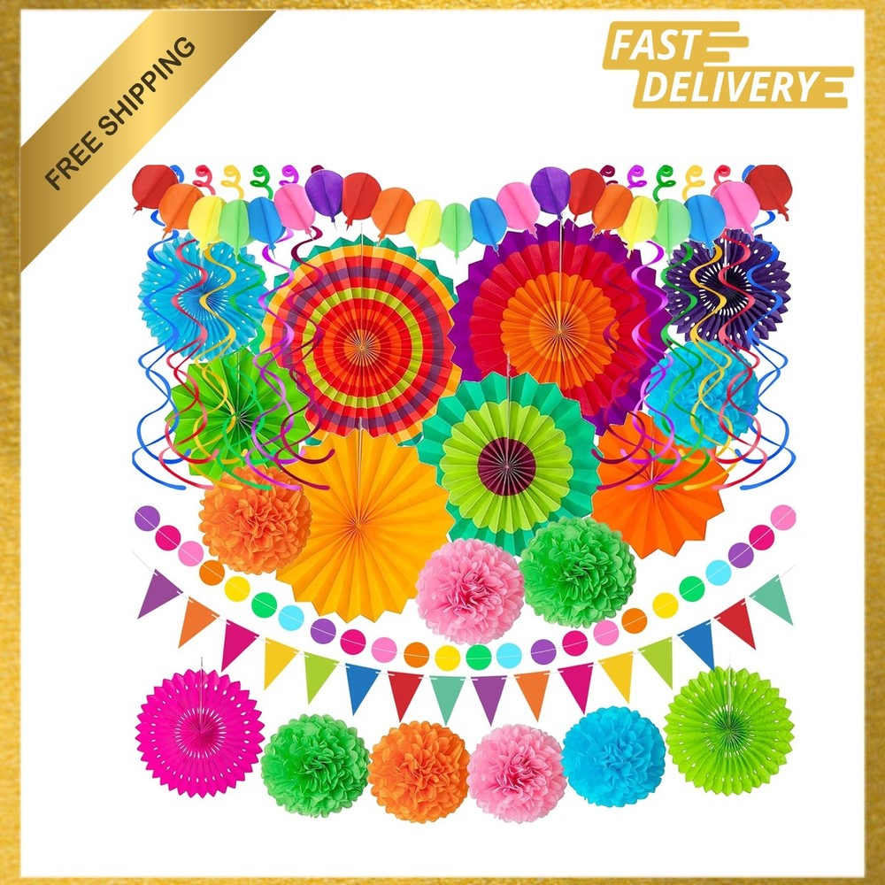 Party Decorations Set, Multi-Color Paper Fans Garland Pom Poms Swirls, Fiesta
