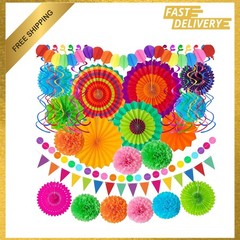 Party Decorations Set, Multi-Color Paper Fans Garland Pom Poms Swirls, Fiesta