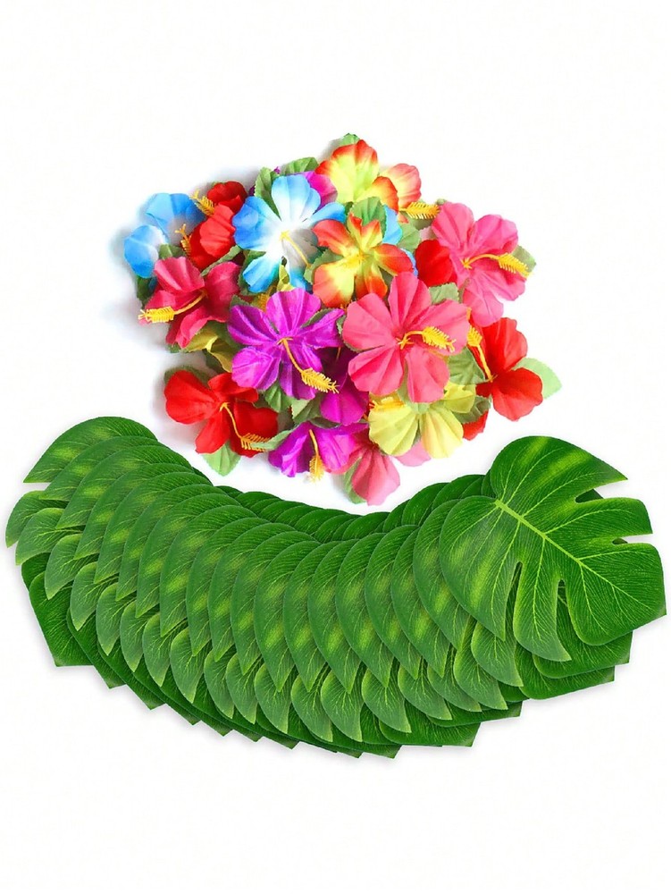 1pc Random Tropical Palm Leaf & Hibiscus Flower For Hawaiian Party Decor