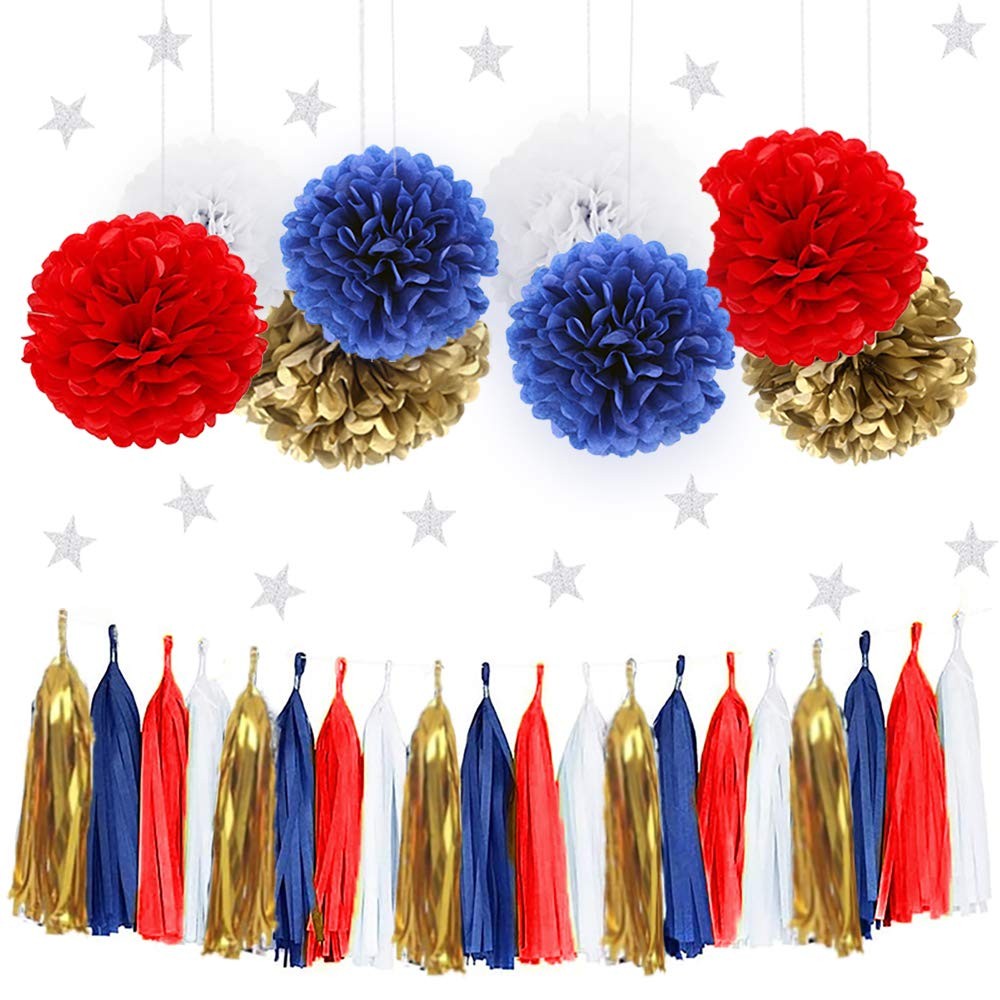 30pcs Wonder Woman Decor Navy Blue Red White Gold Tissue Pom Poms Nautical Pa…