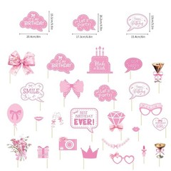 25pc Pink Bow Party Decorations Photo Booth Props Signs Set