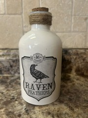 Decorative White Glass Bottle «Raven Feathers” Halloween Spooky Wicca Potion