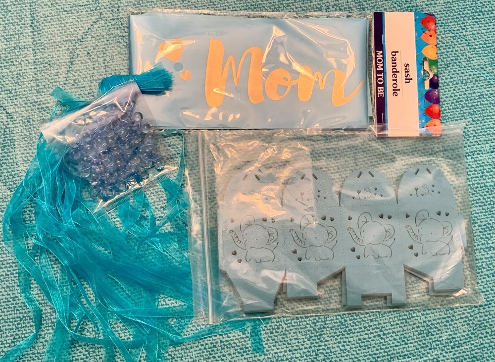 Blue Baby Shower Lot «BOY» (TREAT BOXES & RIBBON/PACIFIER CHARM/MOM TO BE SASH)