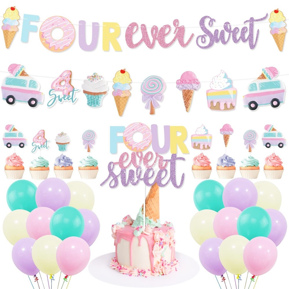 Four Ever Sweet Ice Cream Donut Party Decorations – Banner, Cake, Cupcake Top…