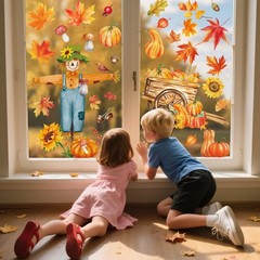Fall Window Clings – Watercolor Autumn Harvest Double-Sided Colorful