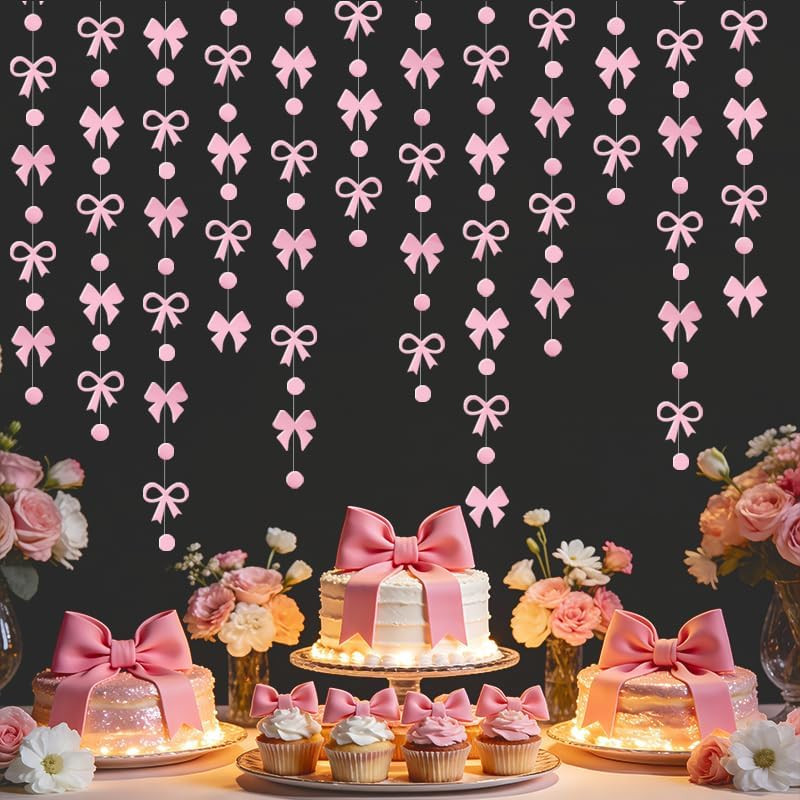 Pink Bow Garland Hanging Decorations, 13FT X 3, Cute Pink Bow Circle Bunting Ban