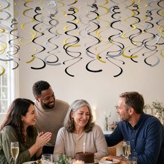 48-Piece Paper Swirl Party Decorations for Ceiling, Black Gold Silver Satin-L…