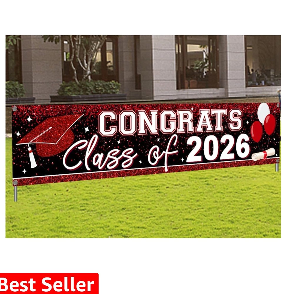Large Congrats Class of 2026 Banner Red Backdrop Graduation 2026 Yard Sign fo…