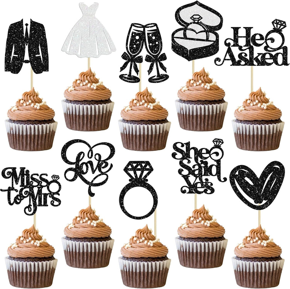 30Pcs She Said Yes Cupcake Toppers Glitter Diamond Ring I Do Love Cupcake Picks
