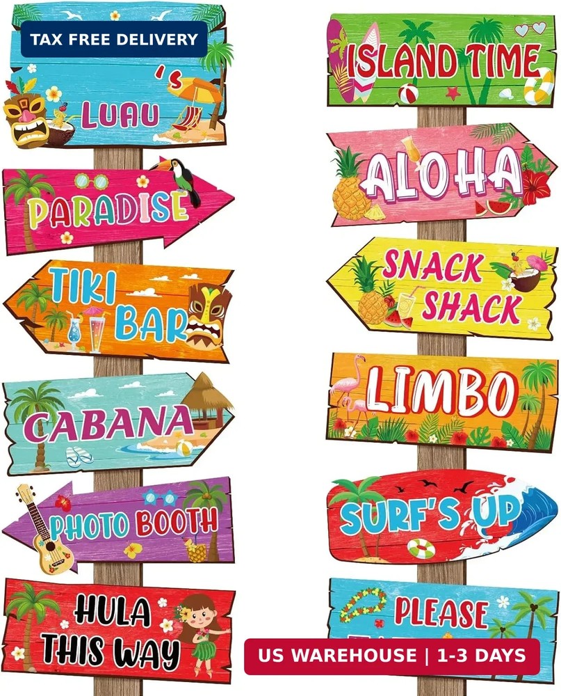 24 Pieces Luau Party Decorations Summer Tropical Party Directional Sign Hawaiian