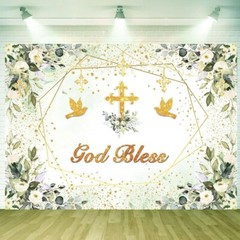 Greenery God Bless Backdrop 7x5ft Baptism Communion Banner Green Gold Decor