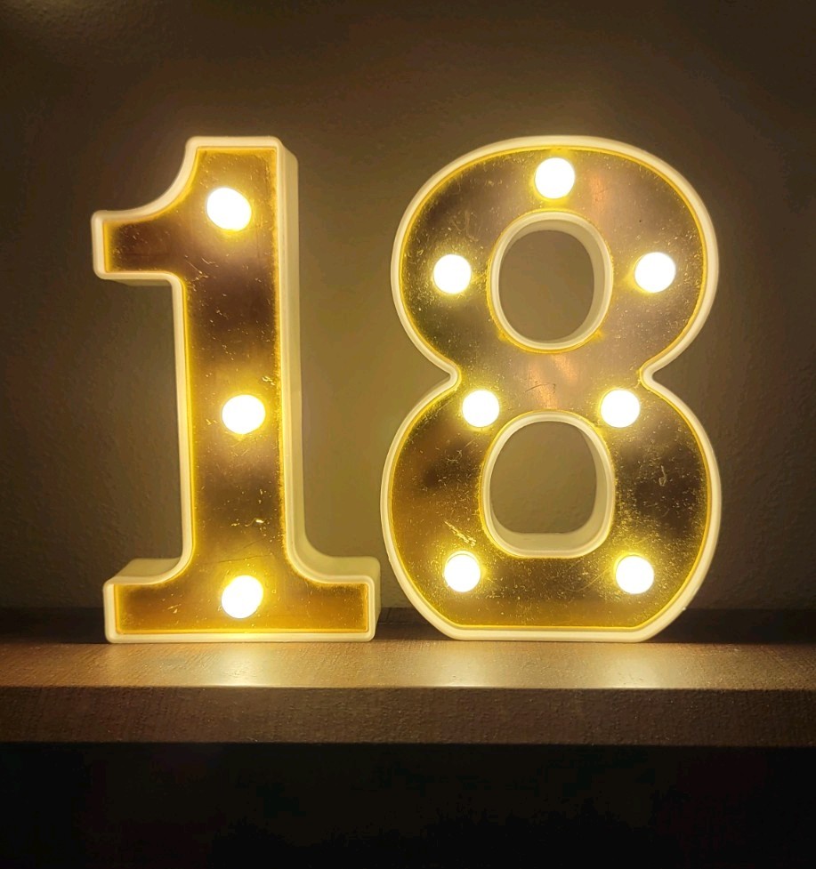 1 & 8 Light-up Plastic Marquee Numbers, White with Gold, 6.25″