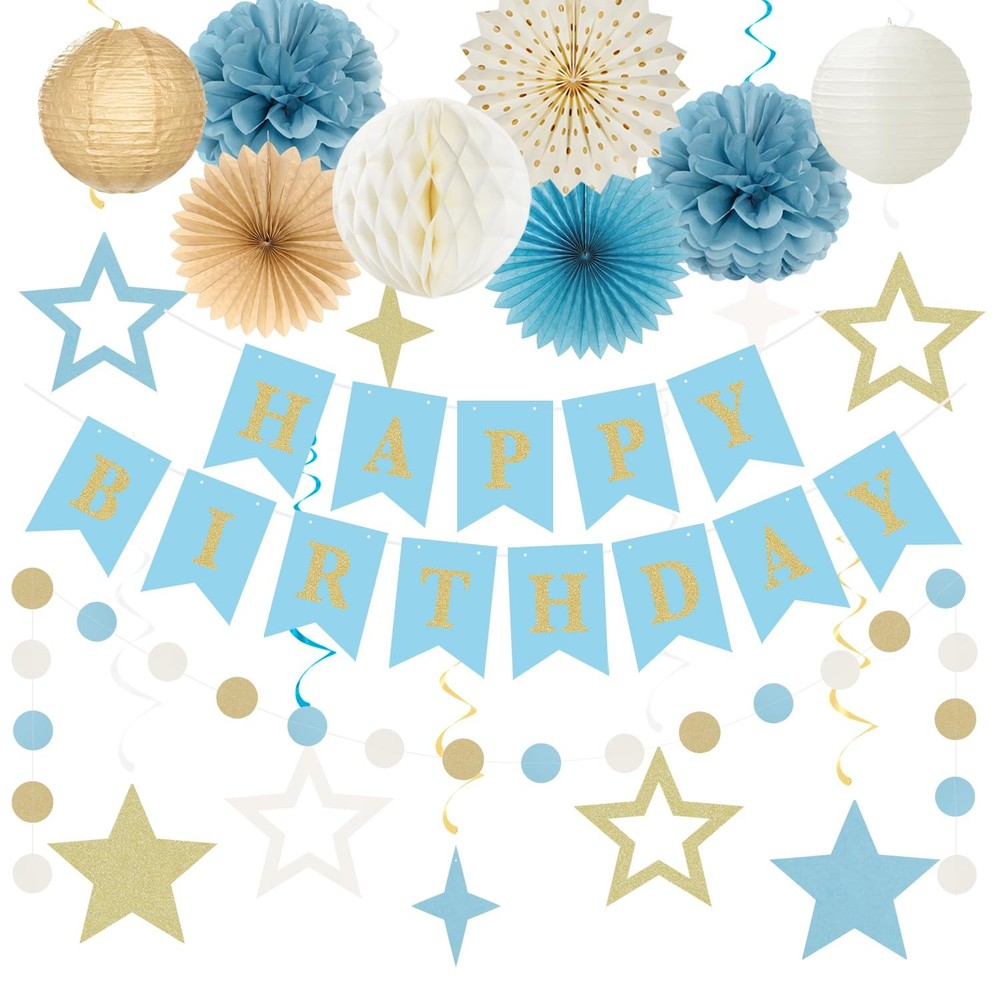 Light-Dusty Blue Beige-Champagne Party-Decorations – 19pcs Boho Neutral Strea…