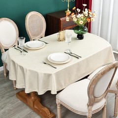 NEWISHER Farmhouse Oval Hemstitch Tablecloth 60×102 in Neutral Faux Linen
