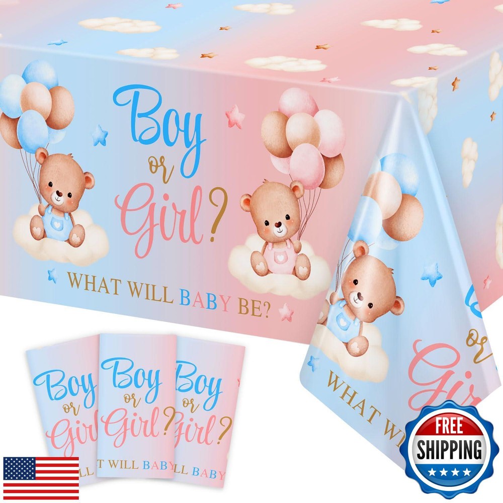 Lopeastar 3Pcs Bear Gender Reveal Decorations Tablecloths, Boy Or Girl Gender