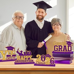 4Pcs Graduation Decorations Class of 2026 Wood Table Centerpieces Purple-gold