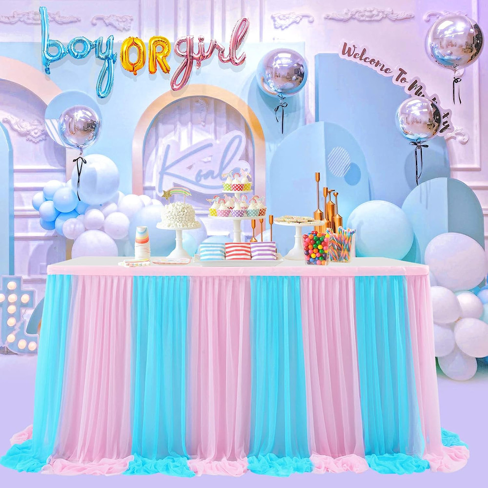6Ft Pink and Blue Table Skirt for Gender Reveal Tulle Tutu Table Cloths Cover fo
