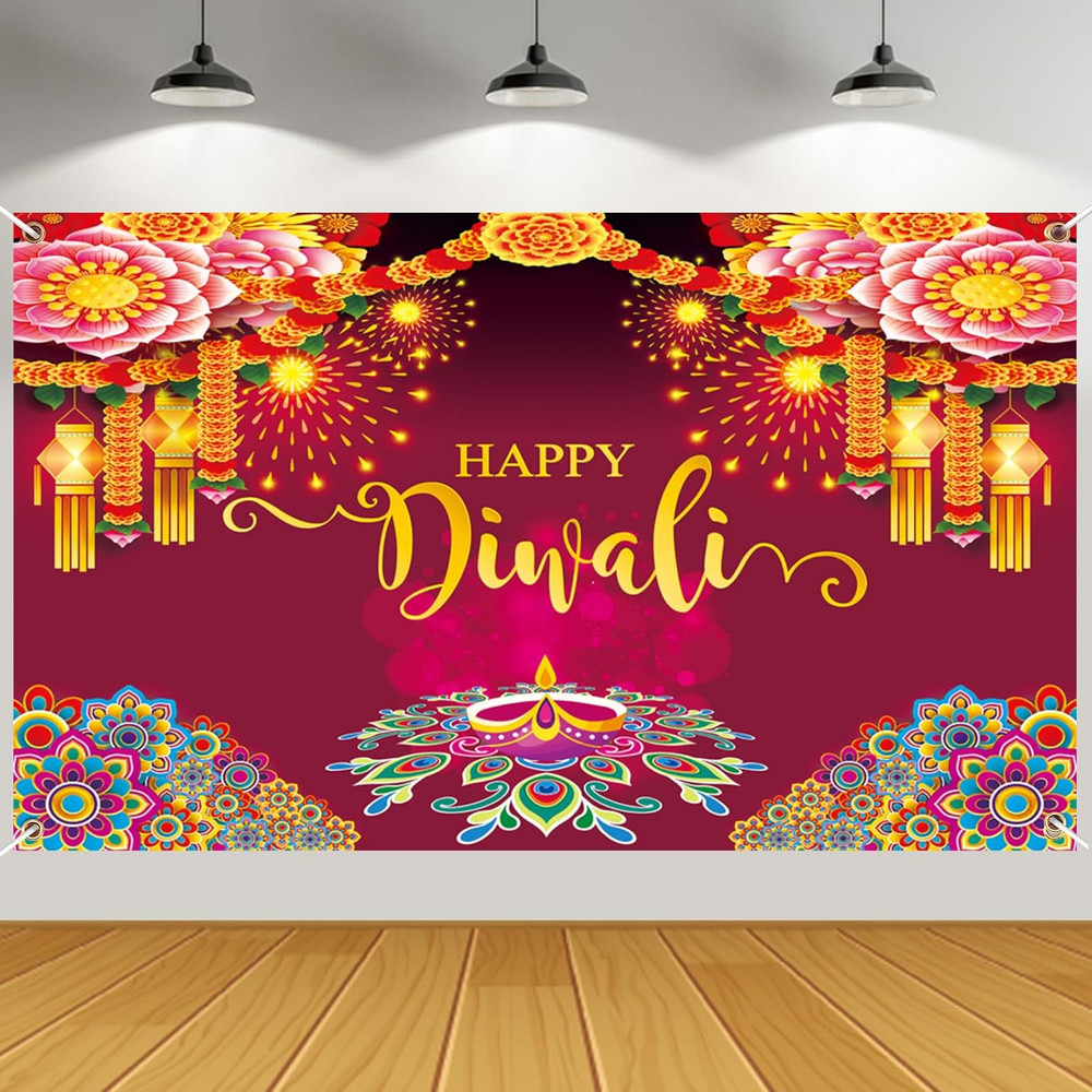 Happy Diwali Backdrop Banner Decorations, 59X35.5 Inch Indian Diwali Backdrop De