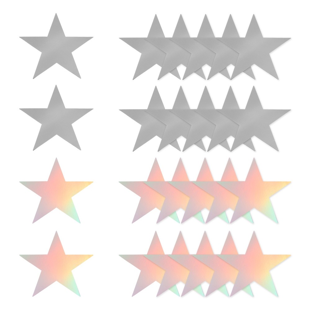 24 Pcs Stars Cutouts, 6 Inch Double Printed Paper Stars,Silver/Iridescent Silver