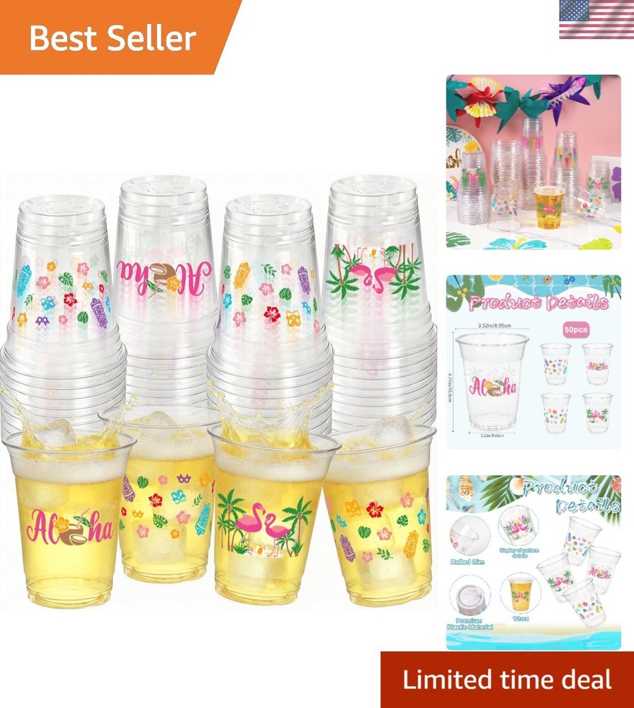 Disposable 12 OZ Tropical Design Luau Cups – 50 Count for Pool & Party Fun
