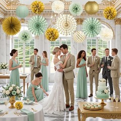 Sage Green Party Decorations, 14 Pcs Green and Gold Hanging Fans, Lanterns, P…
