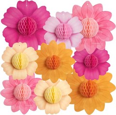 9PCS Hot Pink and Orange Party Decorations Paper Flowers Honeycomb Hanging Large