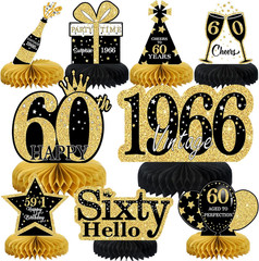 9 Pcs 60th Birthday Decorations Honeycomb Centerpieces for Women Men, Black Gold