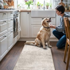 Washable 2×5 Kitchen Runner Rug: Abstract 2′ x 5′ (Rectangular), Beige/Cream