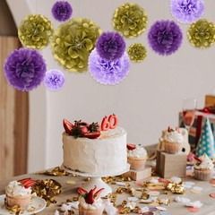 Tissue Pom Poms, Purple Gold Tissue Flowers, Hanging Flower Balls for Wedding…