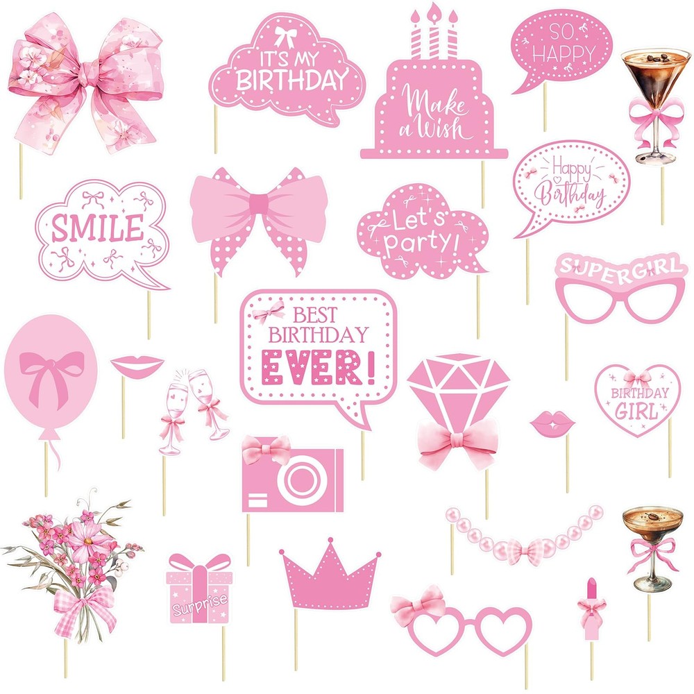 Pink Bow Party Decorations Photo Booth Props Signs,25pcs Pink Bow Birthday De…