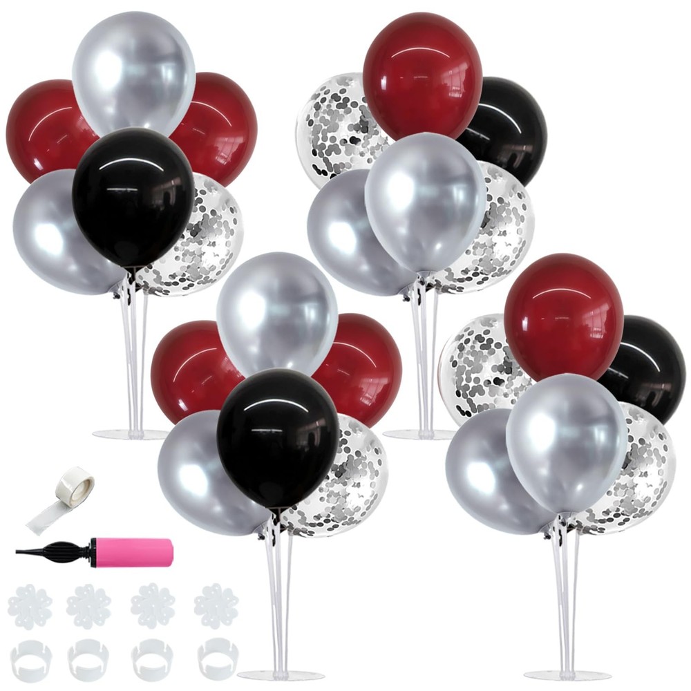 4 Set Burgundy Red Black Silver Balloon Stand Centerpiece Table Decorations f…