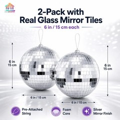 6 Inch Silver Hanging Mirror Ball Kit Disco Ball Decorations 2 Pack Hanging