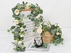 2 Pack 13Ft Artificial Eucalyptus Flower Garland with White Roses, Fake Rose