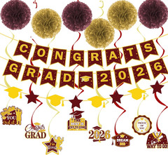 17 Pcs Maroon and Gold Graduation Decorations, Congrats Grad 2026 Banner Set wit