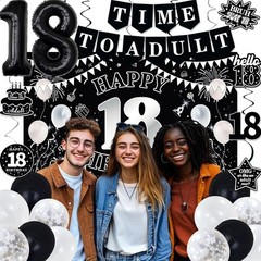 Decorations for Boys Girls, Black White Happy 18th Birthday Party Decorations, T