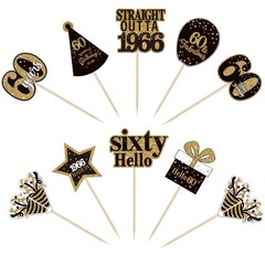 36PCS Happy 60Th Birthday Cupcake Toppers Double Sided Black Gold Sixty Hello 60
