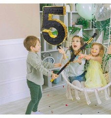 Number 5 Pinata for Kids 5th Birthday Party, Gold Black 20″ Stick Blindfold Conf