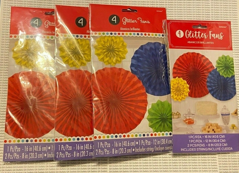 Lot of 4 Glitter Paper Fans DECORATIONS Birthday Party Supplies