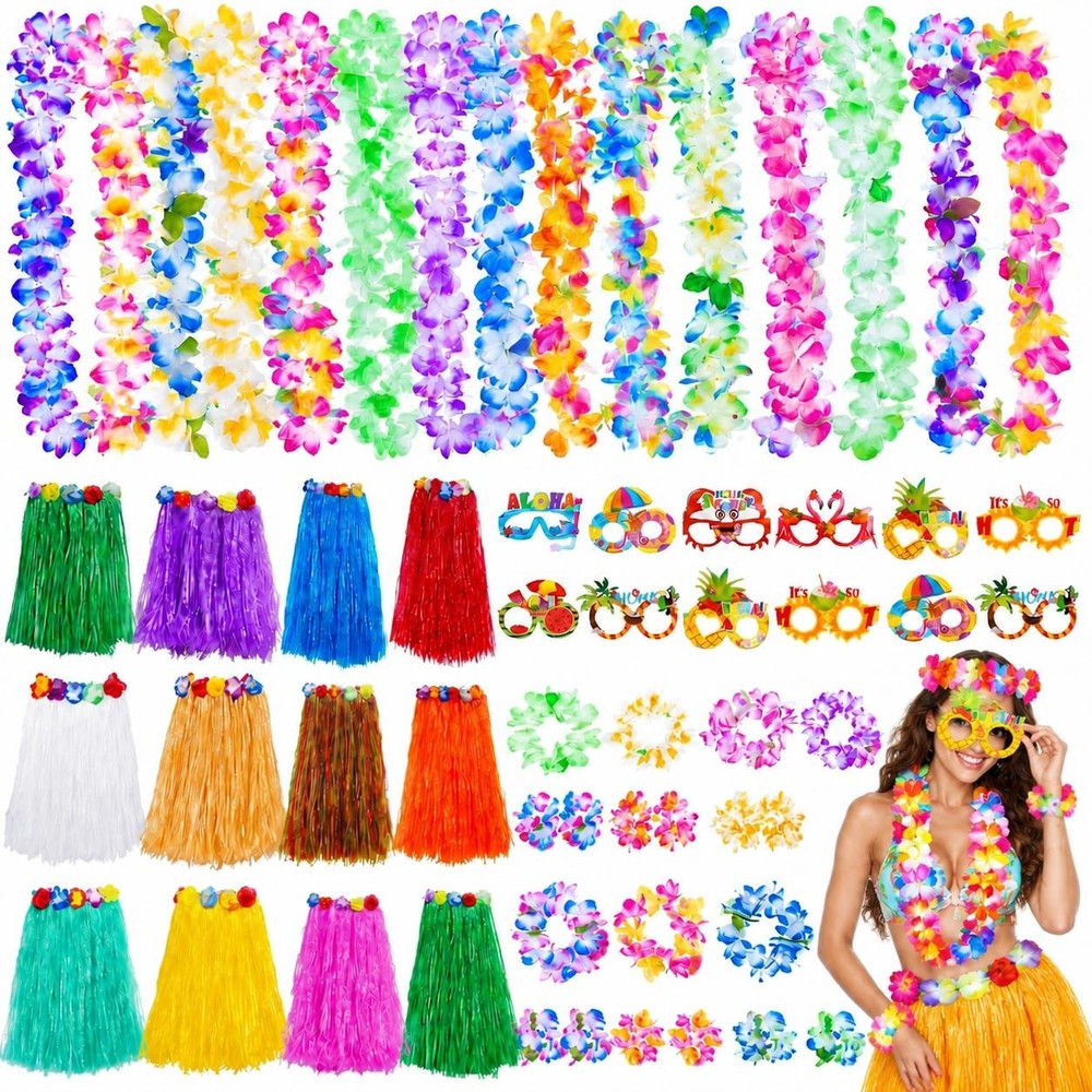 72Pcs Hawaiian Party Decorations Set Grass Skirts Leis for Luau Colorful