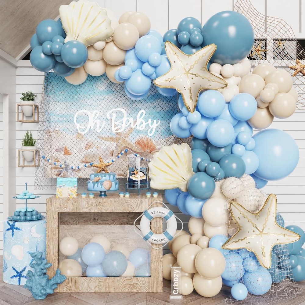Under The Sea Balloon Garland Arch Kit, 140Pcs Blue Beige White Balloons with…