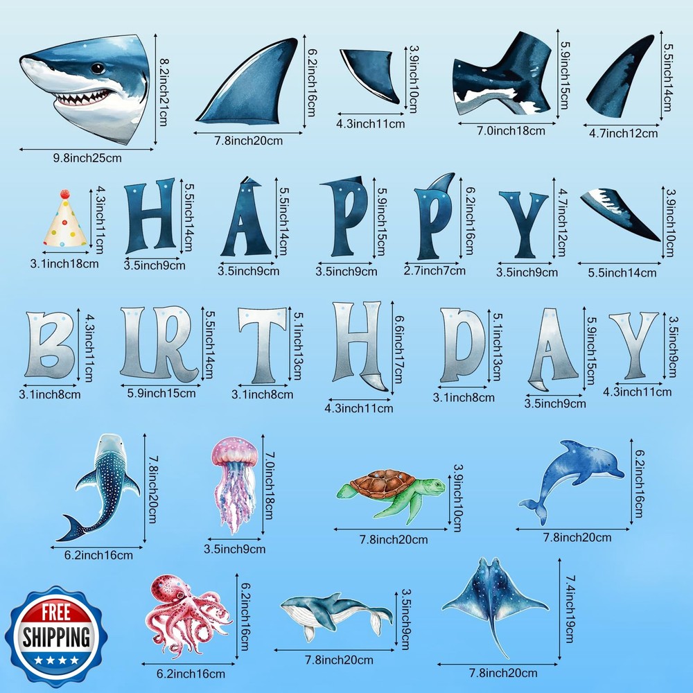 Adecortalk Shark Happy Birthday Banner Shark Garland Ocean Animals Party Deco…