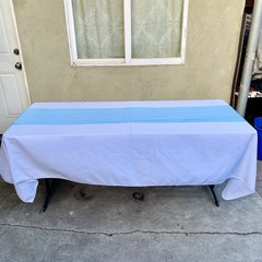 Lot of White Table Sheets (8), Blue Runners (12), Blue Pacifier Necklaces (17)