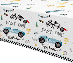 Fast One Birthday Decorations for Boys Tablecloth – Blue Race Car 1St Birthday