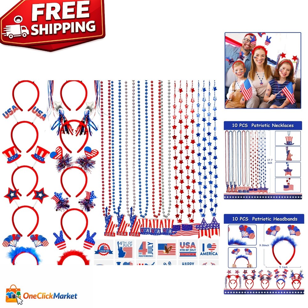 Complete Patriotic Celebration Kit: 92Pcs for Kids – Necklaces, Headbands & More
