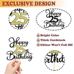 1 PC 25th Birthday Cake Topper Black Gold Glitter Heart Pattern Decoration