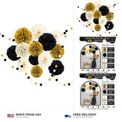 Black and Gold Party Decorations, 16 PCS Tissue Paper Pom Poms Dots Paper Gar…